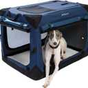 Pettycare 30 Inch Collapsible Dog Crate with Curtains Travel Dog Crate for Airflow and Calm Soft Pet Kennel with Portable Bag and More Chew Proof Mesh Indoor & Outdoor Navy Blue 4 Door Curtains