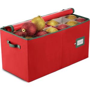 ZOBER Large Christmas Ornament Storage Box - Stores 54 4" Large Ornaments, With Dividers - Ornament Organizer Storage Box, Durable Christmas Containers Holder, Dual Zipper - Red