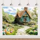 Easter Backdrop 10x8ft Spring Garden Eggs Floral Flowers House Enchanted Forest Wonderland Photography Background Kids Adult Party Banner Decorations Photoshoot Fabric Tapestry Wall Decor