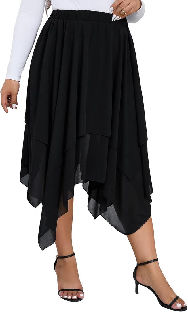 Verdusa Women's Plus Size Elastic High Waist Asymmetrical A Line Chiffon Midi Skirt Black 2XL