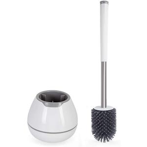 BOOMJOY Toilet Brush and Holder Set, Silicone Toilet Bowl Cleaner Brush, Bathroom Cleaning Bowl Kit with Tweezers, Bathroom Accessories with Aluminum Handle - White