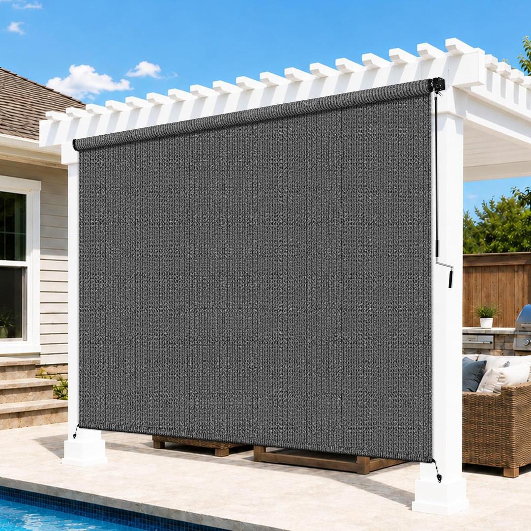 6'W x 8'H Gray Patio Shades Roll up Outdoor Roller Shade Crank Wand Blind Cordless, 90% UV Blocking & Privacy Protection for Porch|Gazebo|Pergola|Backyard (2 Splicing Tube, 1 Fabric), 72"W x 96"H