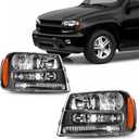 PHILTOP Headlights Assembly for 2002-2009 Chevy Trailblazer,2002-2006 Trailblazer EXT,Pair Halogen Headlamp Black Housing Clear Lens Amber Reflector OE Replacement Driver and Passenger Side