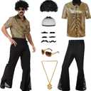 70s Disco Outfit Costume for Men, Include Shirt Bell Bottom Pants Wig Sunglasses Necklace Wig Cap, for Disco Party