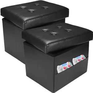 2PC Ottoman with Storage Foot Stool, 17 Inches Folding Storage Ottomans, Leather Upholstered Ottoman Foot Rest with Side Pockets, Suitable for Living Room, Bedroom, Cafe, Black