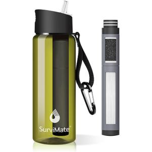SurviMate 5-Stage 0.01m Ultra-Filtration Filtered Water Bottle, BPA-Free Material, NSF/ANSI 42&372 Certified, Portable Water Filter Bottle for Survival, Camping, Hiking, and Emergency Use (22 Ounces, Dark Green)