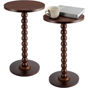 DoubleFill 2 Set Round Pedestal Side Table Brown Wooden Small Drink Coffee Table Traditional Tray Top End Modern Accent Nightstand with Solid for Small Space Home Office Bedroom Living Room Corner, 21.6 x 11.8 x 9.84 inches