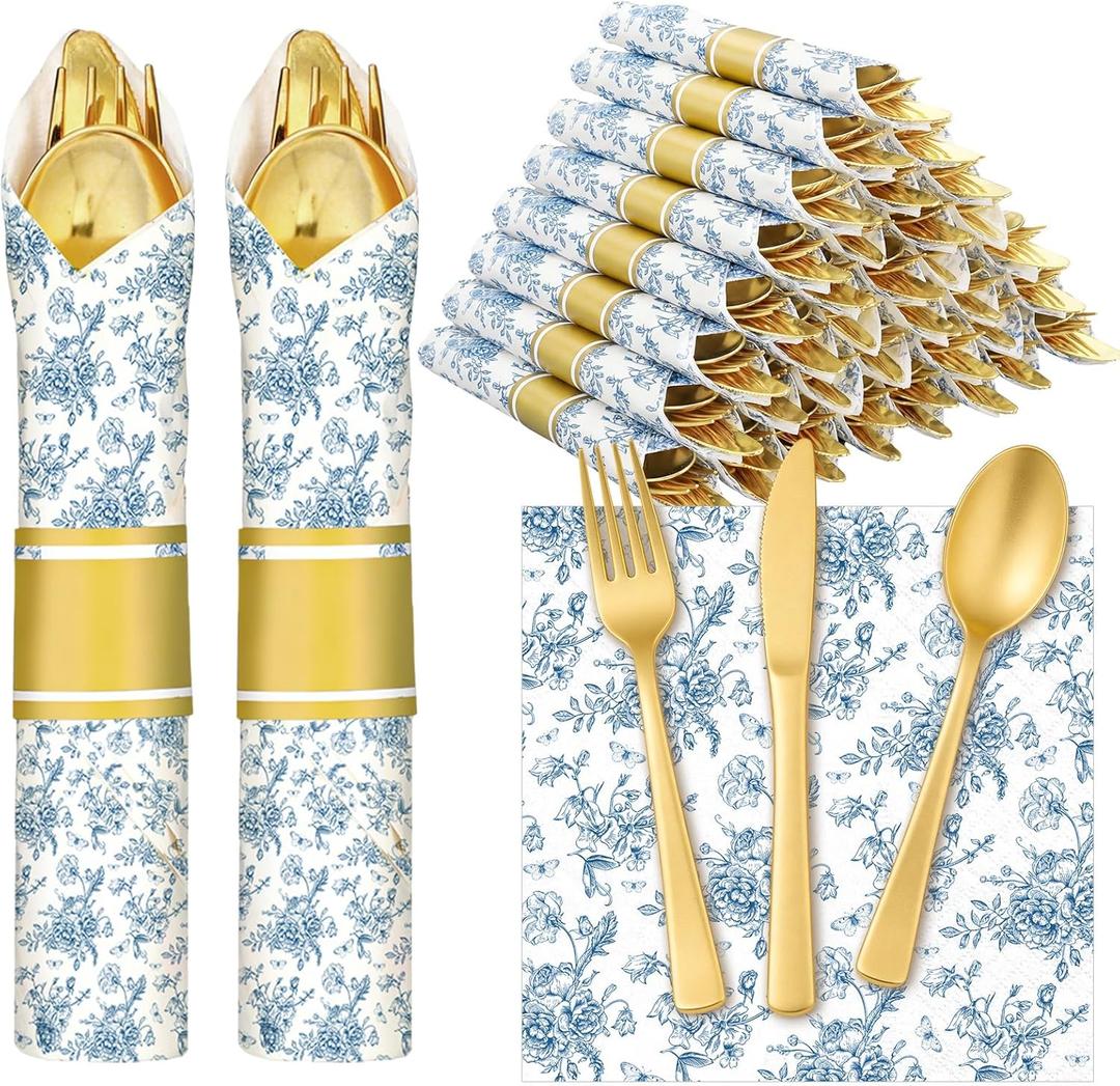 Meanplan 24 Set Blue and White Chinoiserie Flower Party Supplies Cutlery Blue Flower Pre Rolled Gold Plastic Silverware Set Spring Baby Shower Birthday Disposable Wrapped for Wedding Tea Party