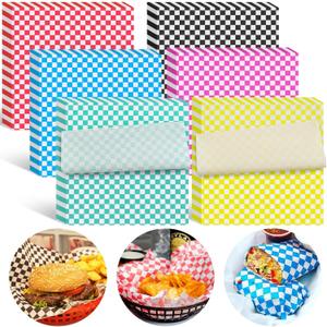 Ninsula Deli Paper Sheets 126P, 11.5x11.5 In Checkered Sandwich Paper Wraps, 6 Colors Basket Liners For Food Serving, Grease Resistant Burger Wrappers for BBQ, Picnic, Party