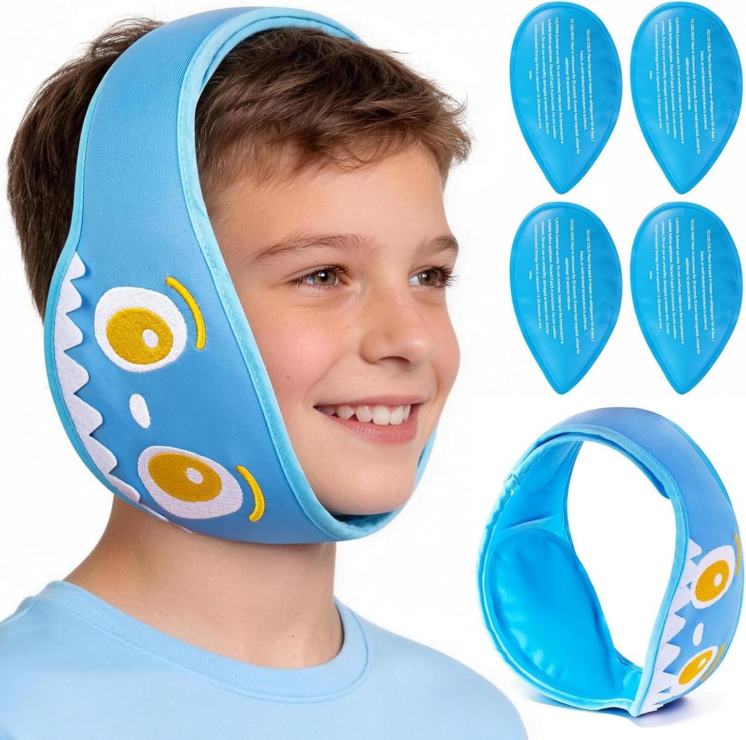 NEWGO Kids Tonsil Recovery Ice Pack, Cute Wisdom Teeth Ice Pack Head Wrap with 4 Reusable Hot & Cold Gel Packs for Wisdom Teeth, Kid-Friendly Gel Ice Wrap for Post-Tonsil and Dental Recovery - Blue
