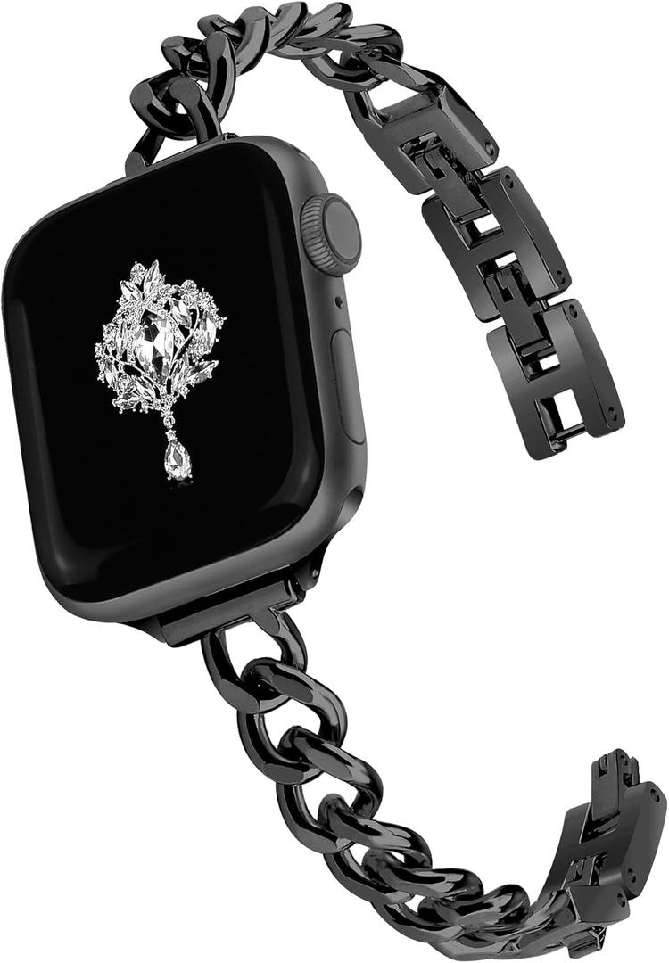 Slim Black Band Women Feminine Elegant Compatible with Apple Watch 42mm 44mm 45mm 46mm 49mm Adjustable Metal Strap Dressy Chain Bracelet for iWatch Series 10/9/8/7/6/5/4/3/2/1/SE/Ultra 1 2