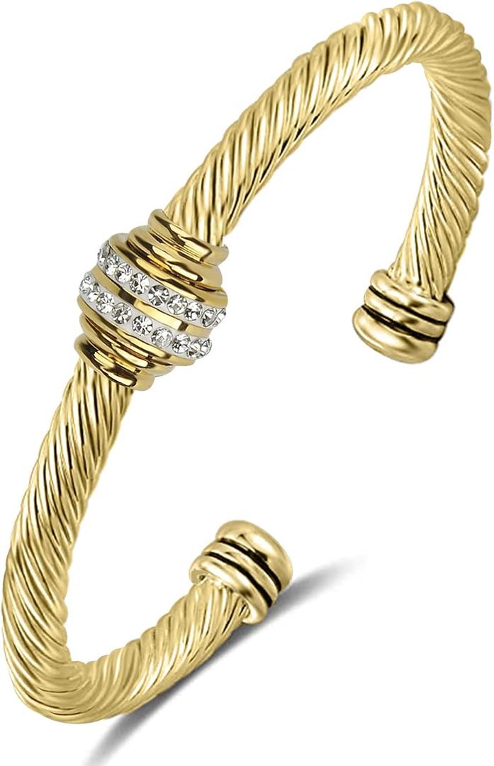 Cable Bracelet Two Tone Stainless Steel Retro Twisted Wire Bangle Bracelet, Adjustable Cuff Bangle Bracelet, Suitable, Mother, Wife, Valentine's Day Gift (Golden)