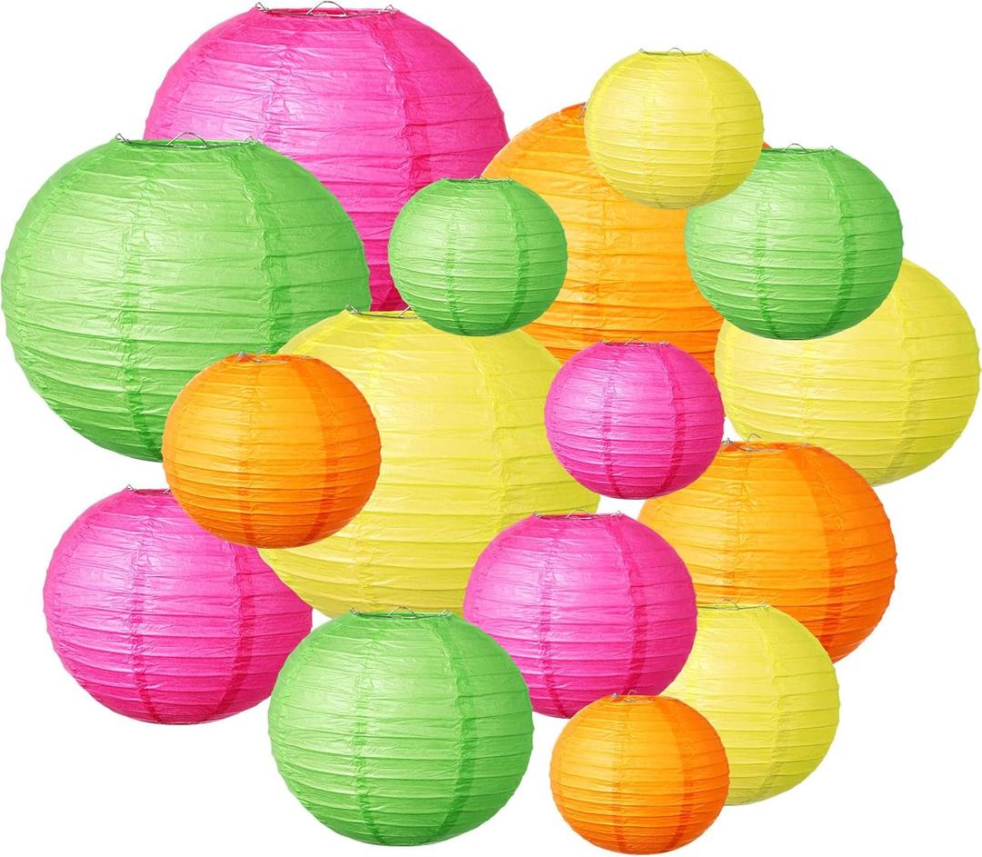 Riakrum 16 Pcs Neon Birthday Party Decorations Colorful Paper Lanterns Mixed Size 6'' 8'' 10'' 12'' Chinese Hanging Lanterns for Party Wedding Home Decorations Supplies