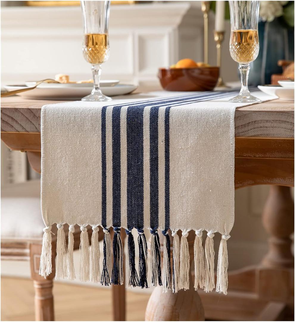Boho Table Runner for Modern Farmhouse Decor, Dining Table décor 13 x 72 Inch Long with Handcrafted Tassels, Navy Blue and Beige Stripe Table Runner for Home Boho décor