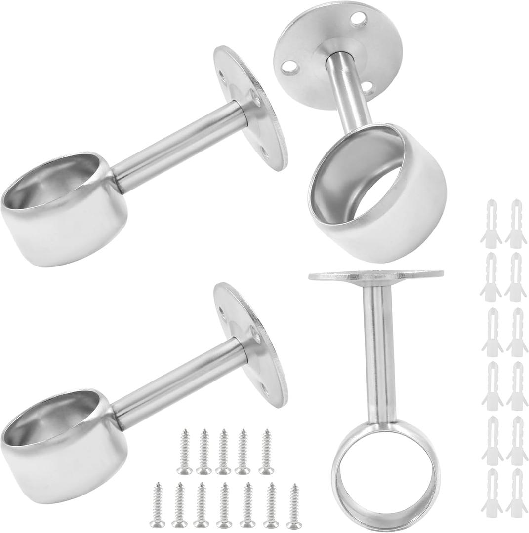 4 Packs 1-1/4 Inch Closet Rod Holder Curtain Rod Support, Stainless Steel Closet Rod End Supports, Heavy Duty Shower Curtain Rod Flange, Ceiling-Mount Rod Bracket with Screws (Silver)