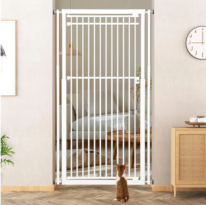 78.8" Extra Tall Cat Gate, 28.3-33" Wide Safety Metal Cat Door, Pressure Mounted Easy Walk Through Pet Gate with Door for Stairs, Doorways, Kitchen (White)
