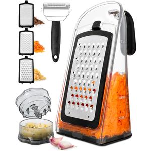 Cheese Grater with Garlic Crusher- Box Grater Vegetable Shredder with 3 Stainless Steel Blades - Graters for Kitchen- Cheese Graters with Handle - Garlic Mincer Tool and Vegetable Peeler