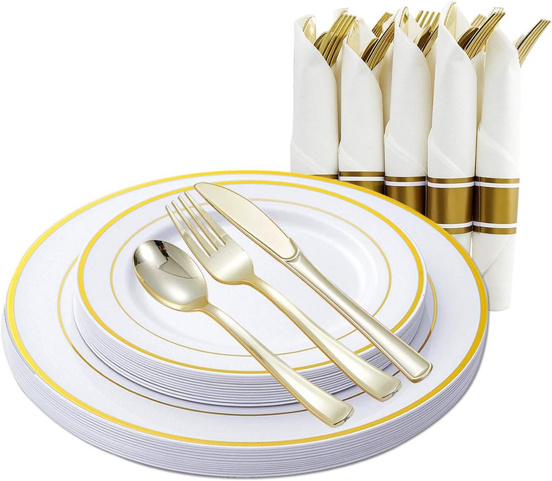 Gold & Silver Disposable Dinnerware w/ Rolled Napkins - Heavy Duty Plastic Plates & Cutlery (72 pcs, 12 Guests)