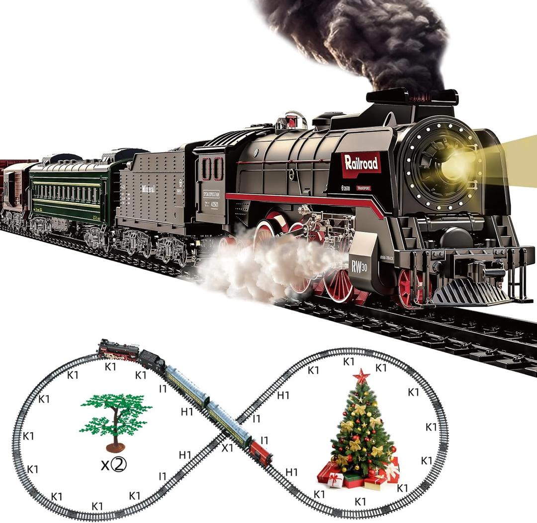 Train Set for Kids, Electric Train Toys with Realistic Light Sounds Smoke, Christmas Train Model Gifts for Toddlers Boys Girls, Steam Locomotive, Luxury Track & 2 Glowing Passenger Carriages