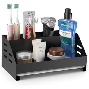 MFTEK Toothbrush Holders, Bathrooms Countertop Storage Organizer, 5 Compartments with Drain Tray, Bathroom Accessories Organization, Electric Toothbrush Toothpaste Razor Storage Holder (Black)