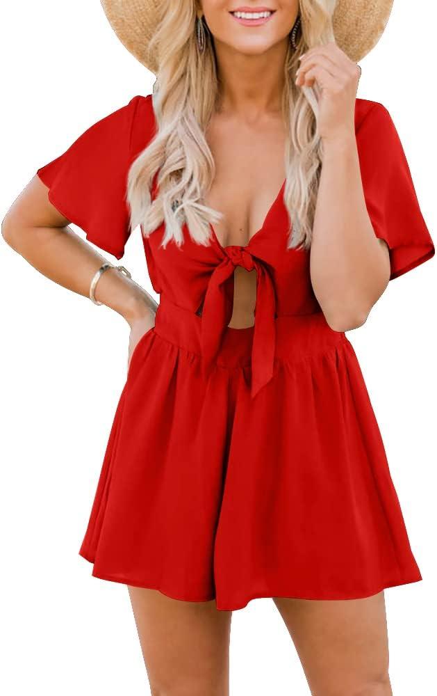 Aoysky Womens Summer Short Rompers Sexy Cute Loose Tie Front Jumpsuit Casual V Neck Wide Leg Beach Overalls (Medium, Red)