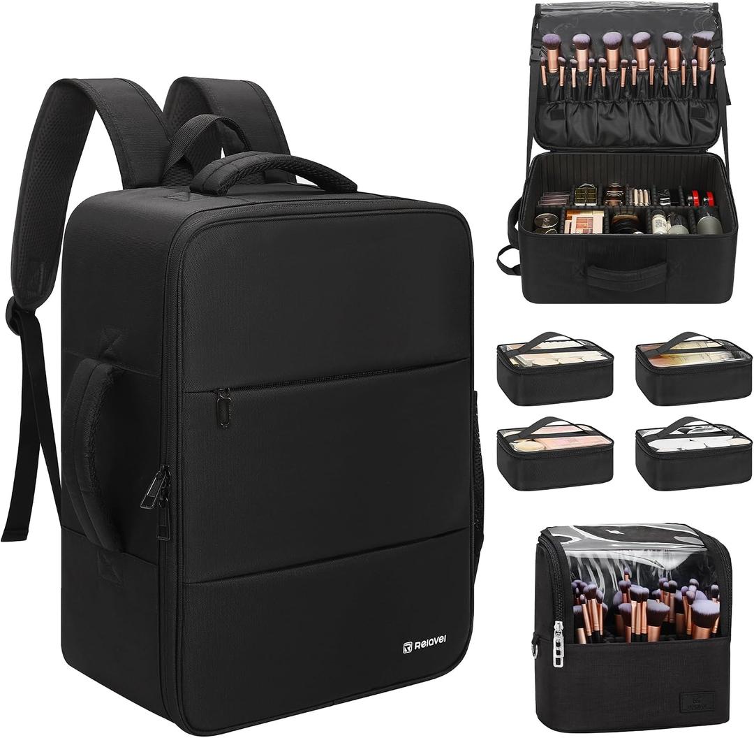 Relavel Makeup Backpack with Makeup Brush Case, Extra Large Travel Train Case Professional Artist Kit Set Bag with 4 Clear Bags, Brush Storage Organizer Box for Cosmetic Hair Tools, Black