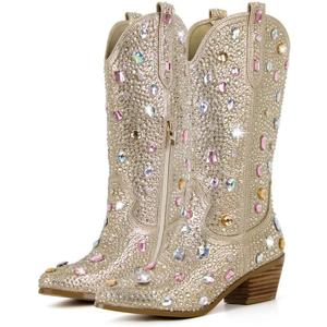 Richealnana Sparkly Gem Rhinestones Calf Mid High Boots for Women Cowboy Cowgirl Boots for Women 2INCH Heeled Pull Tabs Boots Gem (Gold, Size 8)