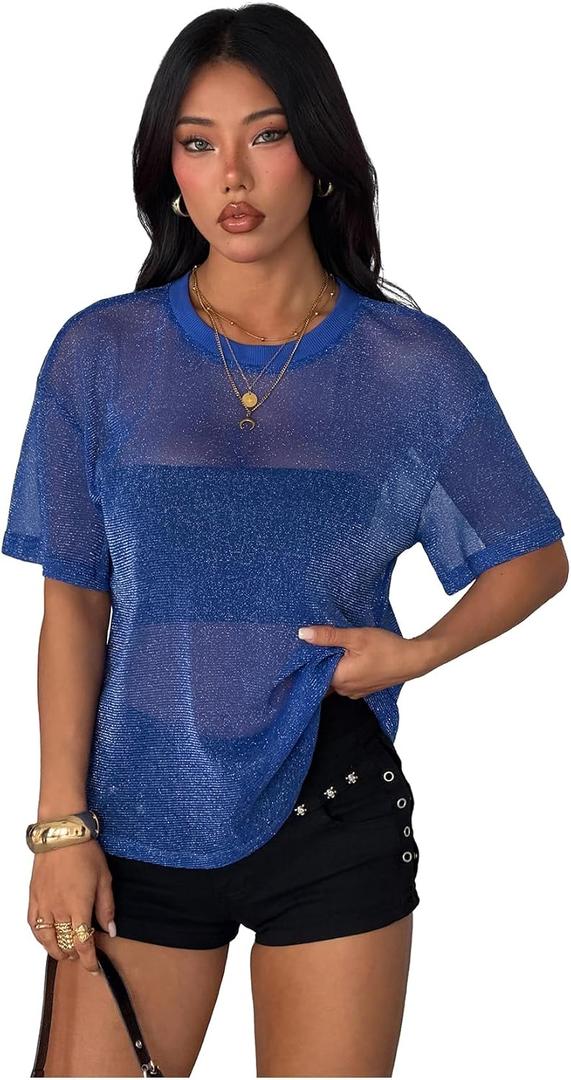 OYOANGLE Women's Sparkly Glitter Rave Concert Outfits Going Out Top Short Sleeve See Through Blouse Mesh Shirt (Blue, M)