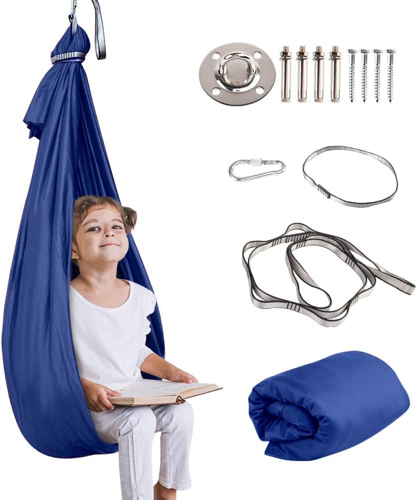 Aokitec Therapy Swing for Kids with Special Needs (Hardware Included) Snuggle Swing Cuddle Indoor Outdoor Adjustable Hammock for Children with Autism, ADHD, Asperger, Sensory Integration (Datered) (Navy)