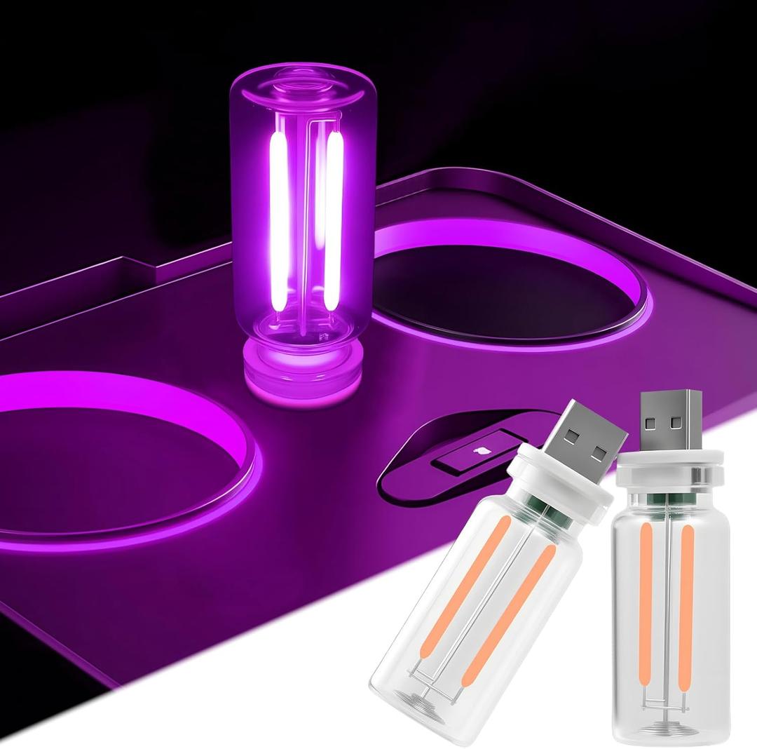 2 PCS Car USB Night Light Bulb, Touch Dimmable Car Interior Ambient Lights, Portable Mini USB Retro Glass Bottle Lamp Decorations for Vehicle, Bedroom, Hallway, Camping (Purple)