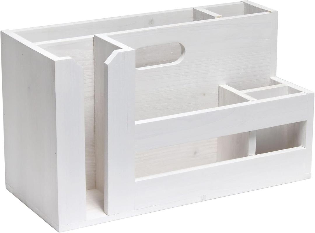 Elegant Designs HG2033-WHT Pantry Picks Farmhouse Wooden Flatware & Utensils Caddy Condiment Organizer w Cutout Handle & Compartments for Kitchen Dcor Countertop Breakfast BBQ Events Picnic, Wht Wash