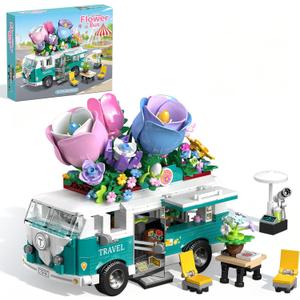 Flower Car Building Block Set, City Camper Van Building Set Botanical Collection Flowers Vehicles Blocks Toys Friends Creative Gift for Boys Girls 6-12 Years Old (862 pcs)