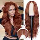 NAYOO Long Auburn Wavy Wig for Women 26 Inch Middle Part Lace Hairline Curly Wavy Wig Natural Looking Synthetic Heat Resistant Fiber Wig for Daily Party Use