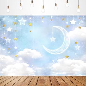 Glawry Cloud Baby Shower Boy Backdrop 7Wx5H Feet Cartoon Cute Blue White Gold Over The Moon Twinkle Star Banner Party Decorations Photography Background Photo Booth Studi