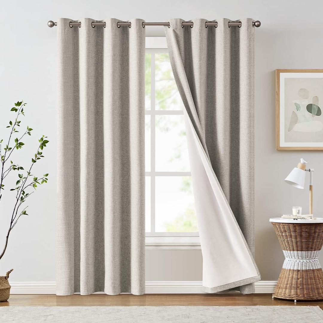 jinchan 100% Blackout Curtains for Bedroom, 84 Inch Length Linen Textured Drapes for Living Room, Thermal Insulated Full Light Blocking Curtains, Grommet Top Window Treatments 2 Panels Heathered Grey