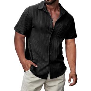 JMIERR Hawaiian Shirt for Men Button Down Short Sleeve Shirts Textured Casual Summer Beach Linen Shirts (Large, 02 Black)