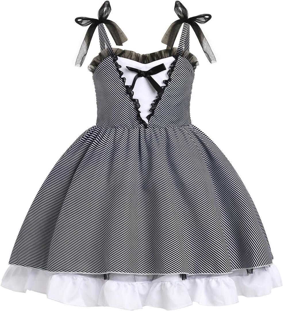 IDOPIP Toddler Baby Girls Halloween Tutu Dress Black and White Striped Dresses Smocked Bowknot Birthday Party Dress up Outfit (18-24 Months)