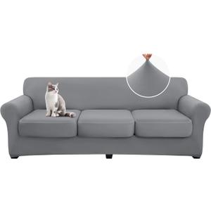hyha 4 Pieces Couch Covers for 3 Cushion Couch, Sofa Covers Washable Soft Sofa Slipcovers, Stretch Couch Covers for Dogs, Furniture Protector with Elastic Straps (Sofa, Grey) (Large)