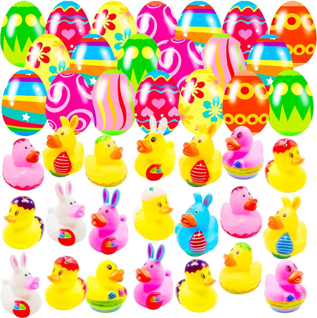 20 Pcs Prefilled Easter Eggs with Rubber Ducks Bright Colorful Easter Eggs Prefilled with Variety Bunny Duckies for Kids Easter Basket Stuffers and Party Favors