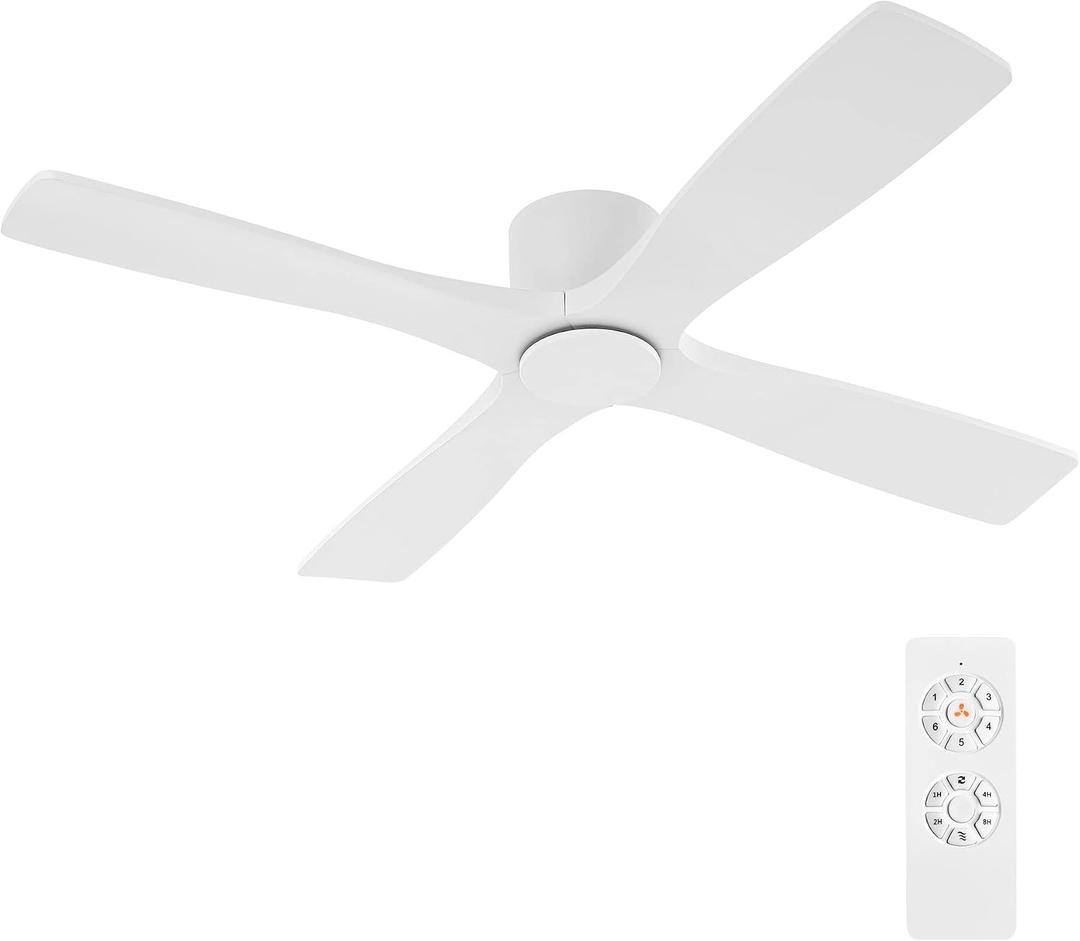 WINGBO 60 Inch Flush Mount DC Ceiling Fan without Lights, 4 Reversible Carved Wood Blades, 6-Speed Noiseless DC Motor, Hugger Ceiling Fan No Lights in Gloss White with White Blades