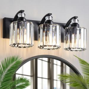 3-Light Black Bathroom Light Fixture Modern Vanity Lights Over Mirror Vintage Wall Sconce Lighting for Bathroom, Bedroom, Living Room, Hallway E26 Base with Crystal Bathroom Vanity Light