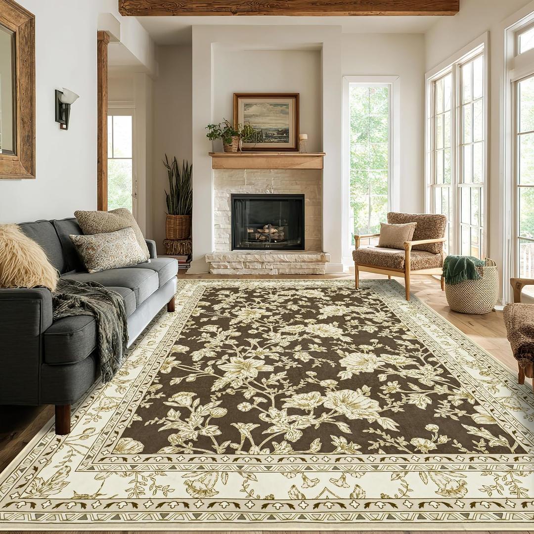 Brown Floral Area Rugs 6x9 Living Room, Brown with Cream Beige Flower Design Low-Pile Washable Rugs for Bedroom Dining Room, Vintage Modern Farmhouse Boho Indoor Floor Carpet Kids Playroom