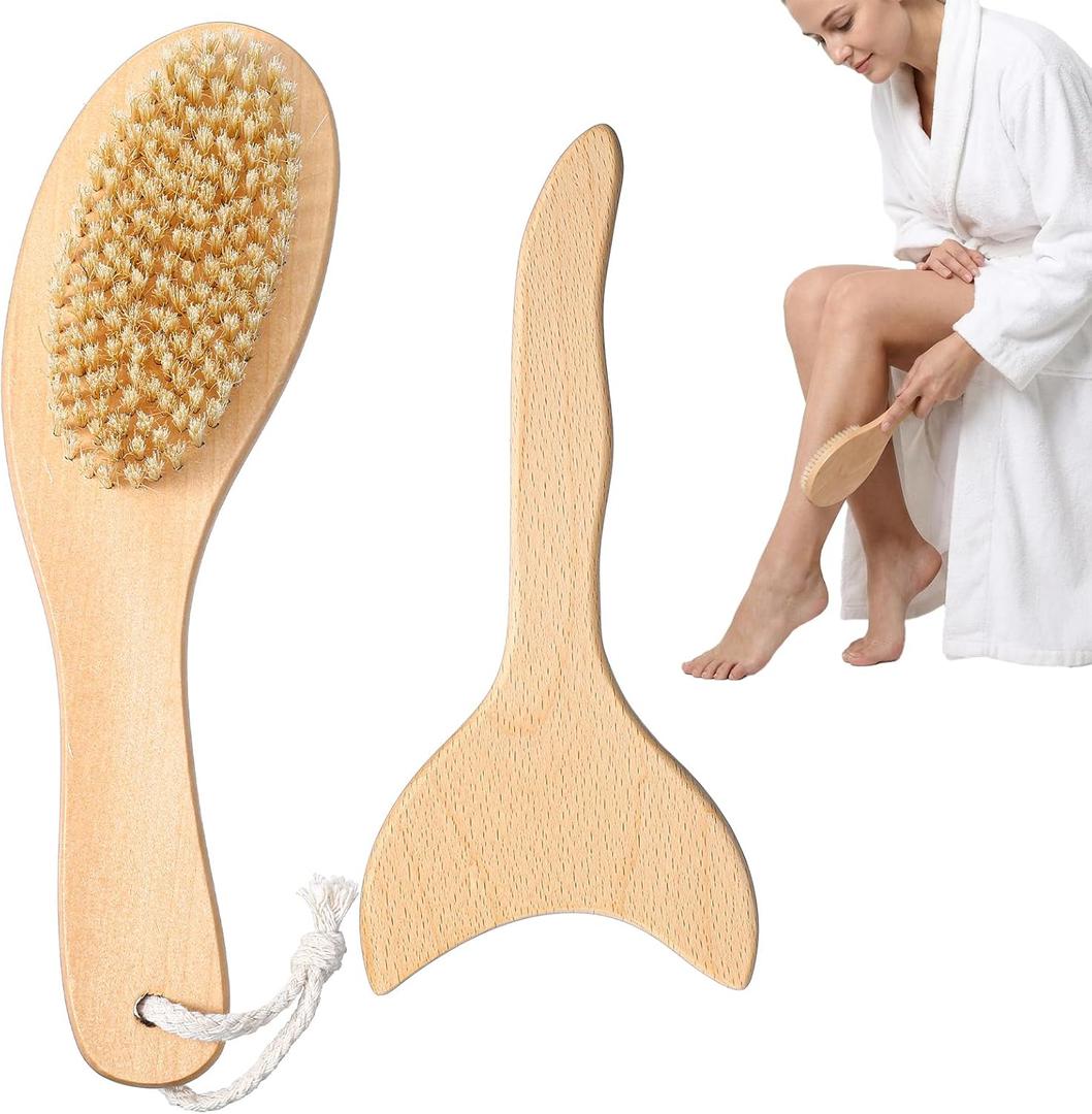 2Pcs Dry Brushing Body Brush Bristle Exfoliating Scrubber with Contoured Non-Slip Handle +Wood Therapy Massage Tools for Cellulite and Lymphatic Drainage, Body Scrubber Suitable for All Kinds of Skin