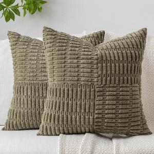 DEZENE Patchwork Throw Pillow Covers Set of 2 Striped Soft Corduroy Square Decorative Couch Pillow Cases Boho Accent Farmhouse Home Decor for Bed Sofa Living Room, Olive Green, 18x18-Inch