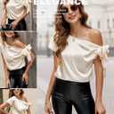 VIDUSSA Women's Off Shoulder Silk Tops Casual Short Sleeve Asymmetrical Neck Satin Blouse Shirts (Gold, XXL)