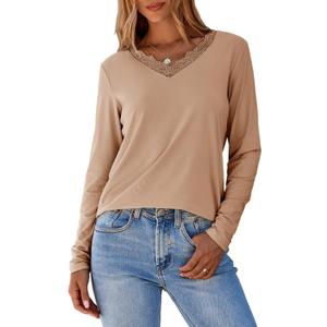 Dokotoo T Shirts for Women Casual Long Sleeve V Neck Lace Trim Tops Lightweight Solid Color Basic Tees Blouses (S)