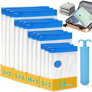 12 Pack Travel Vacuum Storage Bags 4 Size(24/28/32/40 Inch), Portable Vacuum Seal Bags for Clothing Travel with Pump, Space Saver Bag for Luggage Suitcases Clothes Bedding Seasonal Storage (clear, blue)