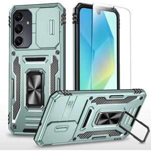SunStory Compatible with Samsung Galaxy A17 5G Case with HD Screen Protector & Slide Camera Cover & Rotated Ring Kickstand,[Shockproof] Dual Layers Phone Case for Galaxy A17,Z_Green