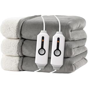 Electric Heated Blanket Queen Size 84"x90" - Dual-Sided with Microplush & Sherpa Fabric, 4 Heat Settings & 10 Hours Auto Off, Machine Washable - Light Gray