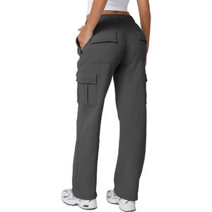 QINSEN Baggy Medium Waist Elastic Sweatpants for Womens Casual Long Fleece Cargo Pants with Pockets M
